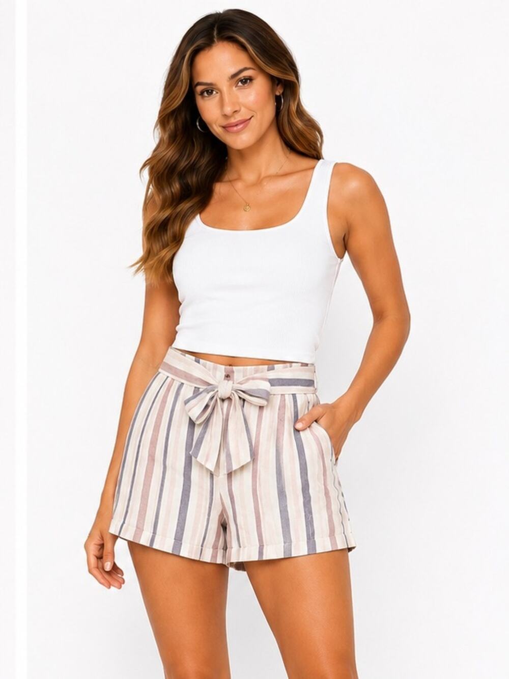 334. NWT Express Linen Blend High Rise Tie Waist Striped Shorts Size 16